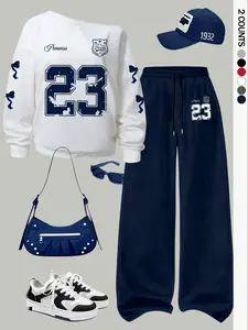 Women's Casual Loose Fit Hoodie Set, Letter & Number Print, Fall & Winter, Two-Piece Set, Regular Length, Comfortable Wear