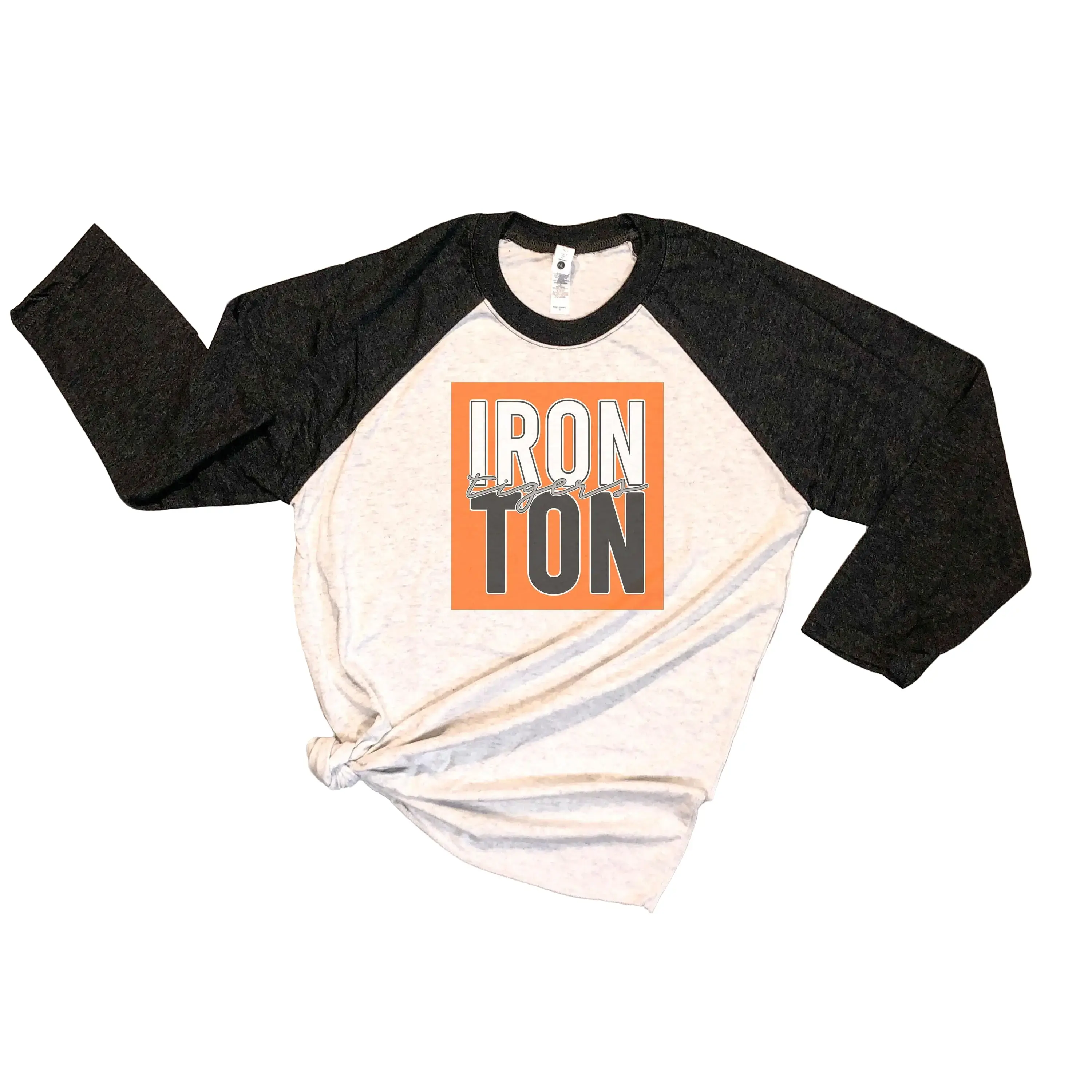 Ironton Fighting Tigers 3/4 Sleeve Raglan Baseball Tee / Black Sleeve Raglan / Retro Box Logo / Block Letter Retro Shirt