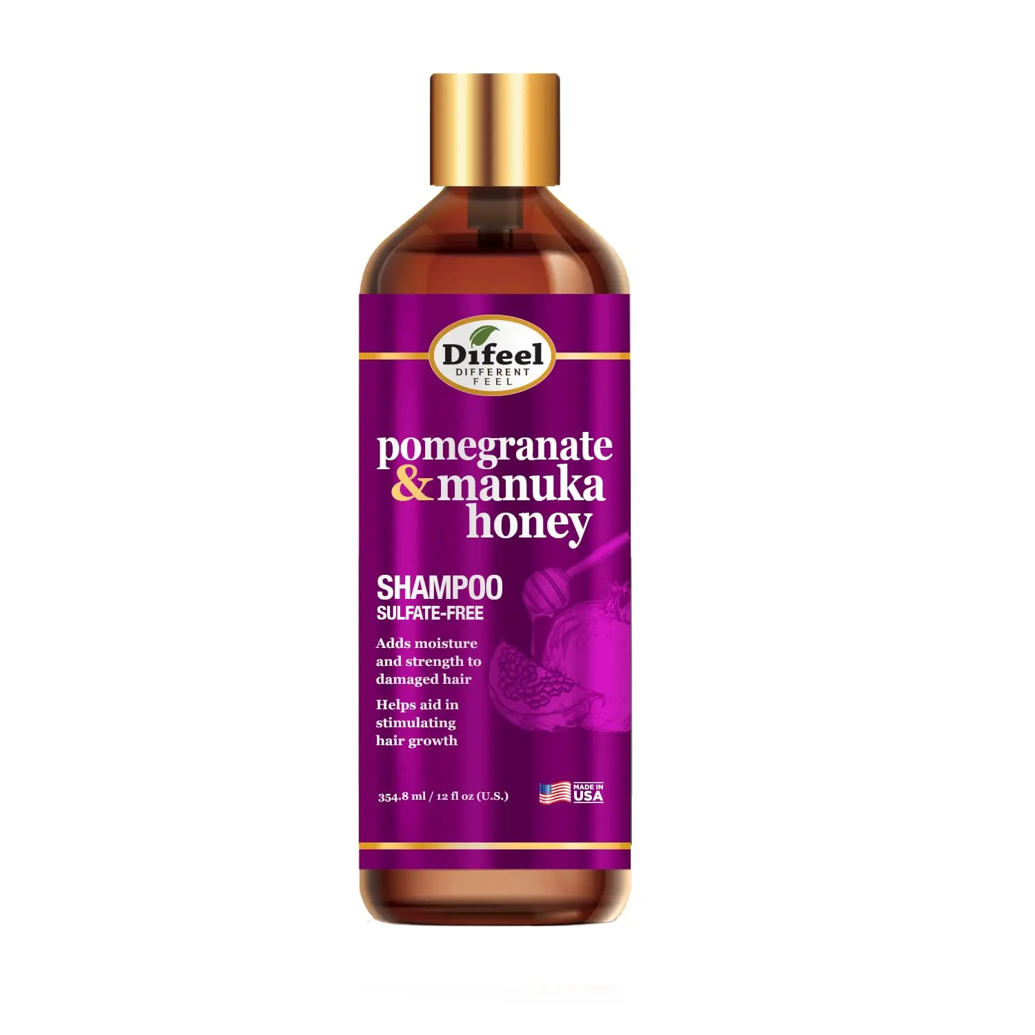 Difeel Pomegranate & Manuka Honey Paraben-Free Sulfate-Free Hydrating Cleansing Shampoo for Adults - 12 oz Bottle Unisex Haircare Cleanser with Complementary Conditioner, Natural Blend Damaged Hair Strengthener with Honey Aroma