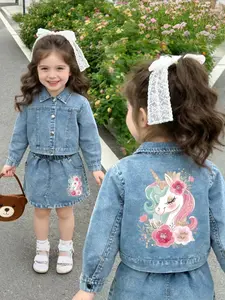 Girls' Two-Piece Set Includes Denim Jacket & Skirt, Cartoon Unicorn Theme, Trim, Artificial Rhinestone Diamonds, Casual Spring & Fall, Denim Skirt Sets