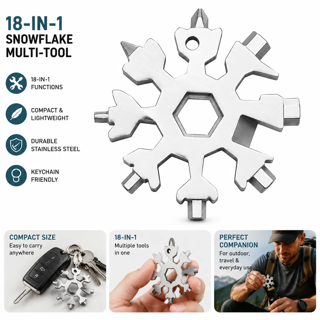 18-in-1 Stainless Steel Snowflake Keychain Multitool, Outdoor Everyday Carry Accessory for Camping, Travel & Furniture Repair