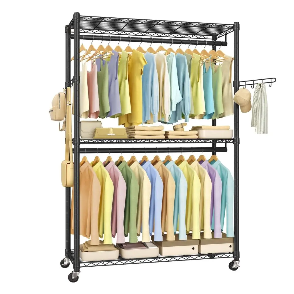 SONGMICS Heavy-Duty Rolling Clothes Rack, Garment Rack, Portable Closet, 43.3-Inch Wide Clothing Rack on Wheels, with Adjustable Mesh Shelves and Hanging Rails, Hooks