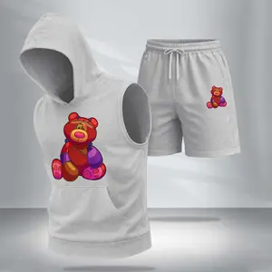 Men's Casual Two-Piece Set: Color-Block Bear Athleisure Streetwear — 5-Color Hooded Vest & Shorts — Regular Fit, Sporty-Casual Style, Sleeveless Top & Shorts — Men's Summer Apparel