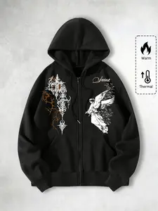 Dark Thorn + Angel Design Original Geometric Print Zipper Hoodie, Fashion Street Style, Perfect for Casual Occasions, School Choice