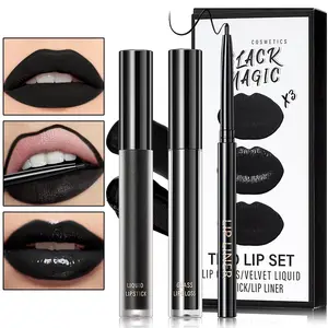 Black Matte Liquid Lipstick,3 in 1 Black Lip Liner and Lipstick Set,Matte Lip Gloss Long Lasting Moisturizing Velvet Lipgloss Make Up Gift Set Cosplay Goth Halloween Special Effects Makeup Kit