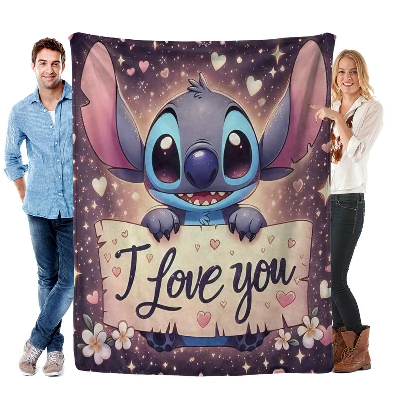 Disney Stitch Blanket Featuring Stitch & Angel Design in Four Sizes Soft Cozy Bedding for Fans with Floral Accents