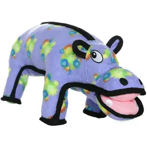 Hilda the Hippo Tuffy's Plush Dog Toy with Colorful Patterns and Black Accents