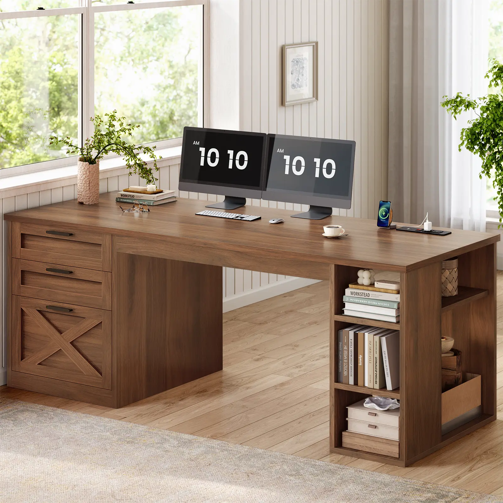 Sedeta 55.1-Inch Modern Farmhouse Laptop Desk - Rectangular Multi-Drawer Office Workstation with 3 Wooden Drawers, Shelves, Power Outlet, Easy Setup for Home Office Furniture