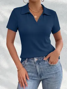 Women's Polo Neck Ribbed Short Sleeve T-Shirt, Womenswear Elegant Solid Color, Fitted Design, All Seasons Wear, No Button, Unlined Top