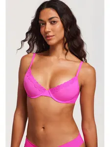 DOBREVA Women's Mesh Balconette Bra Sheer Demi Underwire Unlined Sexy Plus Size Plunge Bras Lace Trim