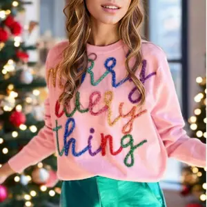 Asvivid 2025 Christmas Gift Holiday Merry Everything Tinsel Graphic Casual Colorful Letter Round Neck Knitted Sweater Pullover Tops