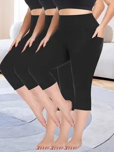 3 Pack Plus Size Capri Leggings with Pockets for Women High Waist Stretchy Soft Pants for Black Capri Leggings Sets