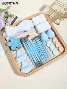 27pcs light blue milk mist beauty hair accessories set, makeup brush (multi-size), beauty egg, powder puff, hairband, suitable for women's daily makeup, novice entry to work/home beauty makeup