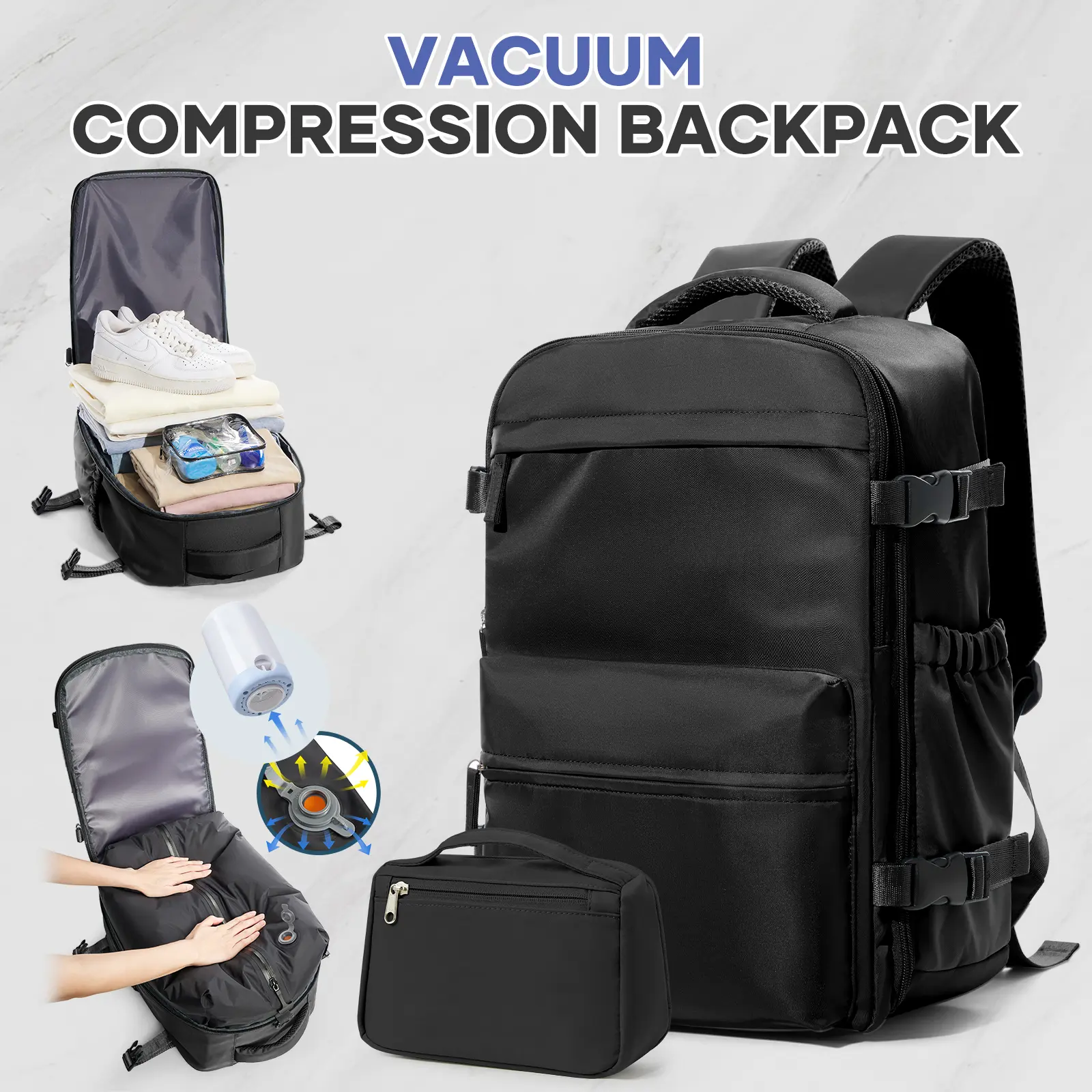 coowoz Vacuum Travel Backpack with Pump - Airline Approved Carry-On Airport Laptop Backpack, Hands-Free Portable On-the-Go Vacuum Bag for Men’s International Travel & Outdoor Hiking, Airport Backpack, Laptop Travel Backpack