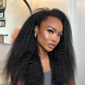 Kinky Straight Half Wig Human Hair 20 Inch,Yaki Straight 3 In 1 Seamless Flip Half Wigs for Black Women Glueless Wear Go Beginner Friendly Curly Half Wig Drawstring Headband Wig