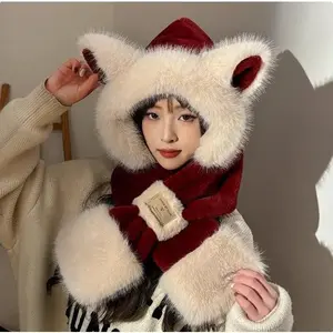 Winter Hooded Scarf with Fox Ear Design – Thickened Plush Hat Scarf for Cold Weather, Integrated Ear Protection and Cozy Warmth