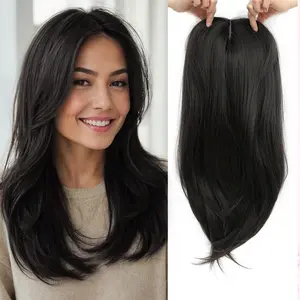 Auvzy Clip in Synthetic Hair Topper with Bangs for Women 18inch Long Layered 6x6 Big Base Toppers Hairpieces for Thinning Hair Black Brown