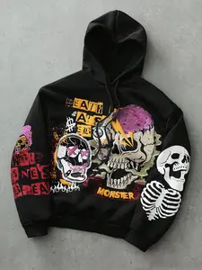 Men's Casual Monster Skull Print Hoodie, Fleece Lined Pullover Sweatshirt, Fall & Winter Streetwear, Comfortable Fit