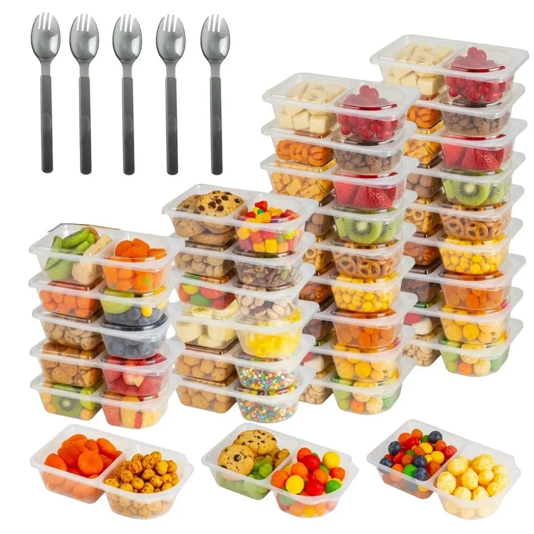 30-Piece Disposable Transparent Double-Compartment Food Boxes with 30 Spoons, Snack Pack for Fruits Nuts Cookies Candies, Ideal for Takeaway Packaging Picnics