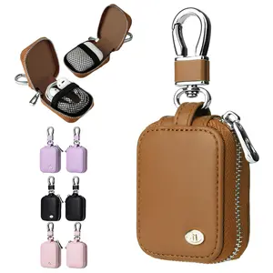 Leather Earbuds Wallet Case for AirPods 4/1/2/3/Pro 2 with Key Chain PU Leather Wallet Headphone Storage Case Coin Holder Metal Hook and Keyring Wallet Zipper Bag