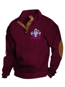 Christmas's funny Santa Claus print semi-open men's knitted sweater, diamond-patterned retro style, leather buttons + elbow patches, a comfortable top for the festive atmosphere of autumn and winter,Christmas,Black Friday,boyfriend gift.