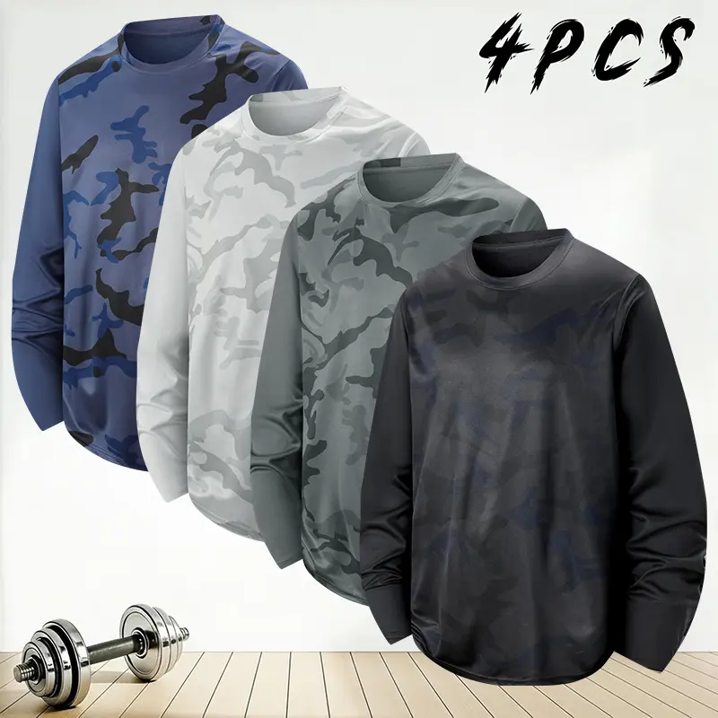 Men’s camouflage long-sleeve athletic T-shirt set of four; outdoor casual style. High stretch, breathable, quick-dry fabric that fits snugly without restriction. Full camo print combines quality feel and personality. Simple crew neck design is versatile a
