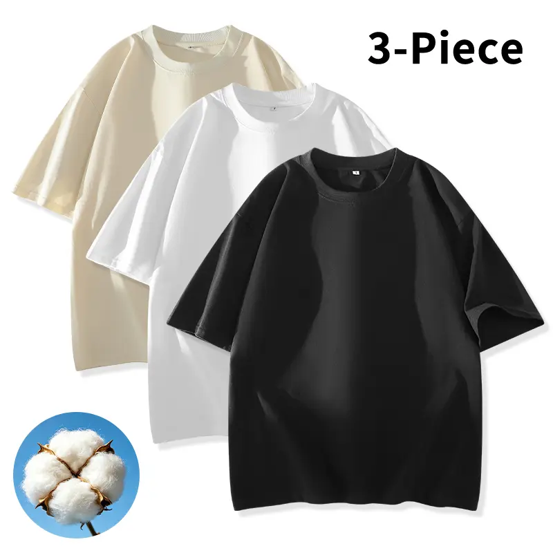 3-Piece Men's T-Shirts, Heavyweight Pure Cotton Solid Color Crewneck, Unisex Loose Fit Drop-Shoulder Top, Breathable Non-See-Through Fabric, T Shirt, Shortsleeve, Outdoor, Set, Classic, Casual