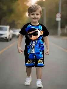 Blue Spider-Man Print Set, Boy Summer Casual T-Shirt and Shorts Two-Piece, Fitted Asymmetrical Design