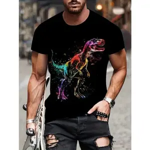Men's 3D Colorful Dinosaur Print Crew Neck Short Sleeve T-Shirt, Casual Summer Tee For Everyday Wear And Vacations Made in USA