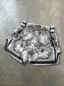 Men's Breathable Mesh Dragon Print Boxing Shorts, White Muay Thai Streetwear Shorts, Black White Oriental Graphic Athletic Shorts, Summer Workout Streetwear Outfit for Gym, Casual, Street Style #springsaledeals2026 #summeroutfits #streetwear