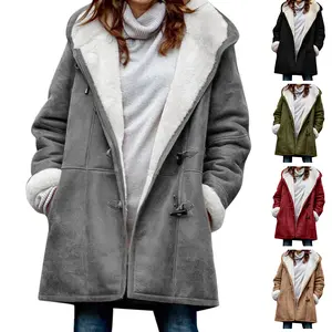 Women's Vintage Button Polyester Outerwear - Comfortable Warm Fleece Hooded Mid-Length Straight Casual Trench Coat for Women's Clothes