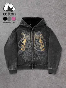 Men's Vintage Hooded Sweatshirt, Gothic Cross Graphic Print Zipper Cardigan, Casual Street Style Fitted, Spring & Fall Fashion, Unique Design, Casual Streetwear Sweatshirt, Tops