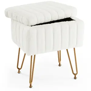Vanity Stool with Storage, Soft Padded Makeup Footstool Ottoman Seat with Metal Legs, Adjustable Feet, Cute Footrest for Bedroom and Entryway