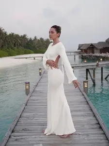 26 Graduation Season Spring-Summer Fashion Solid Women's Long Dress, Vacation & Casual Style with Long Sleeves, Open Back, Tie, Ruffle Hem & Cuffs Design, Women's Knitted Dress, Perfect for Beach Vacations, Parties, Dates, Weddings, and Graduation Season