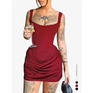 Bodycon Ruched Drawstring Mini Corset Dress for Women, Womenswear Feminine, Night Out Club Wear Formal Party Dress