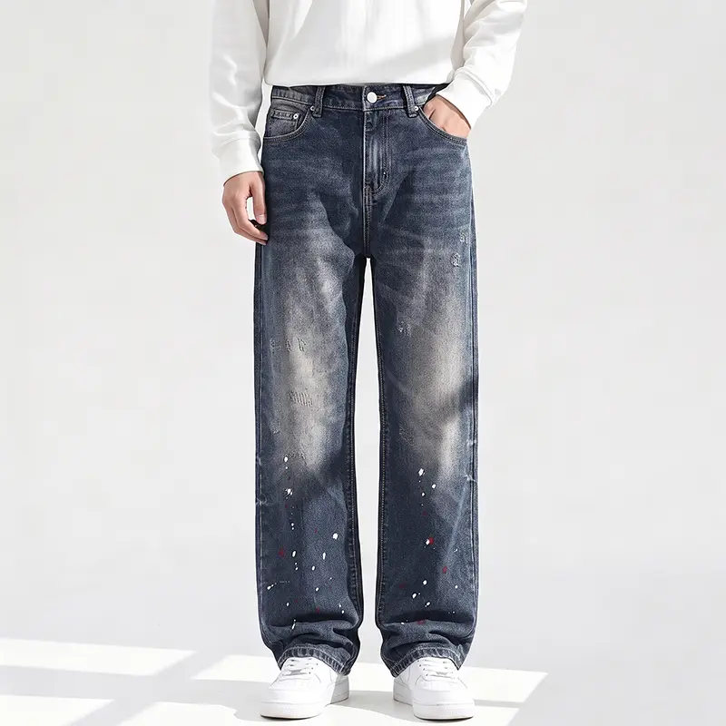 Men's vintage wash elastic denim jeans with paint splatter details, comfortable stretch straight-leg fit