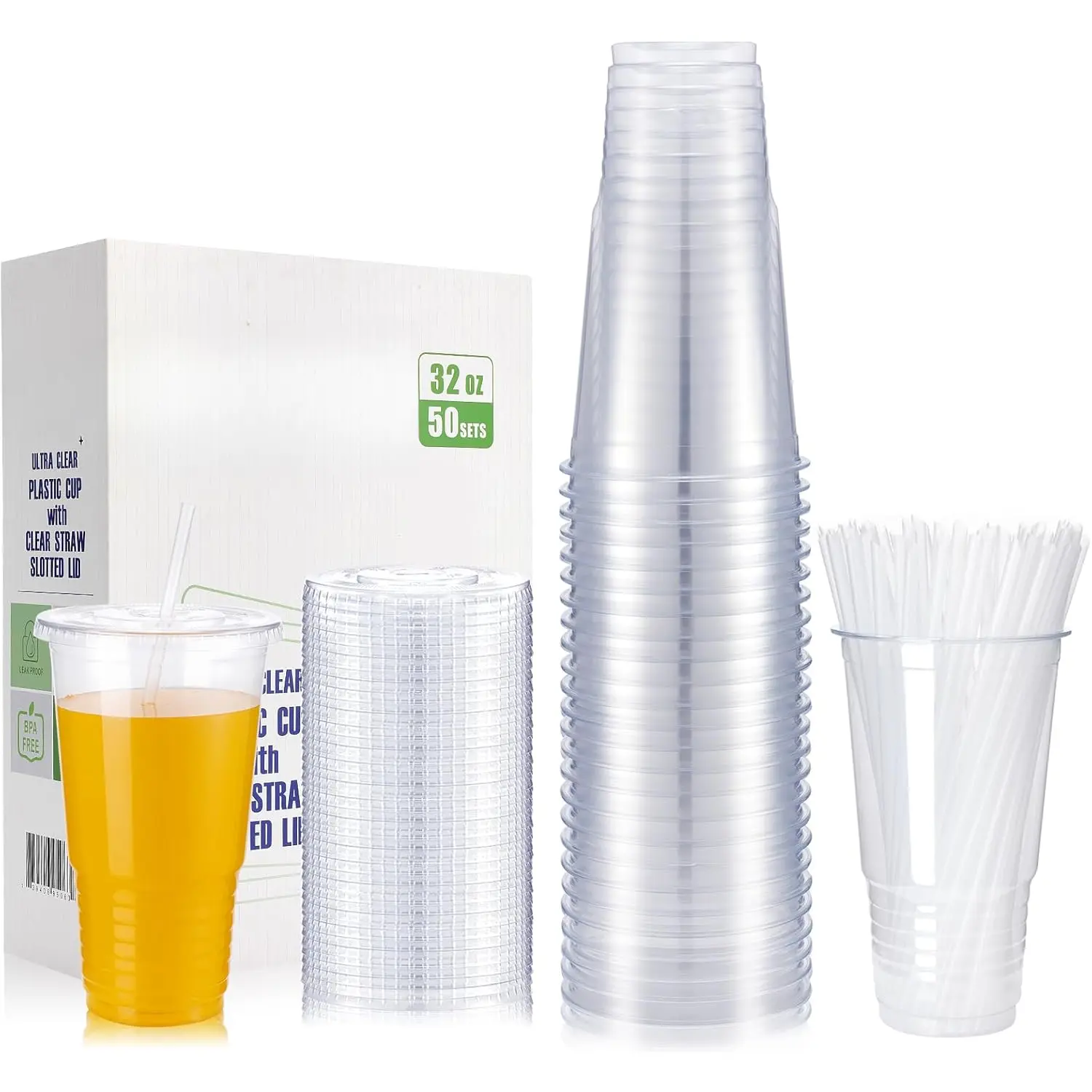 32oz Plastic Cups with Lids and Straws, Disposable Cups for Iced Coffee,Cold Drinks, Milkshake, Bubble ,Smoothie and TO-GO Drinkings[50Sets Pack]