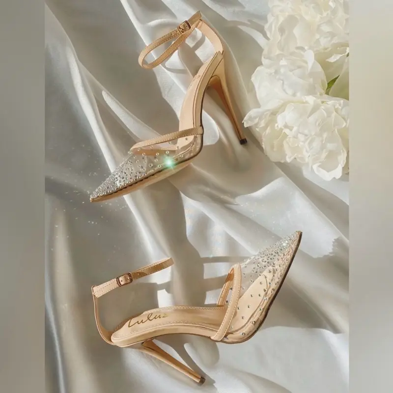 Lulus Keiza Light Nude Patent Rhinestone Pointed-Toe Ankle Strap Pumps