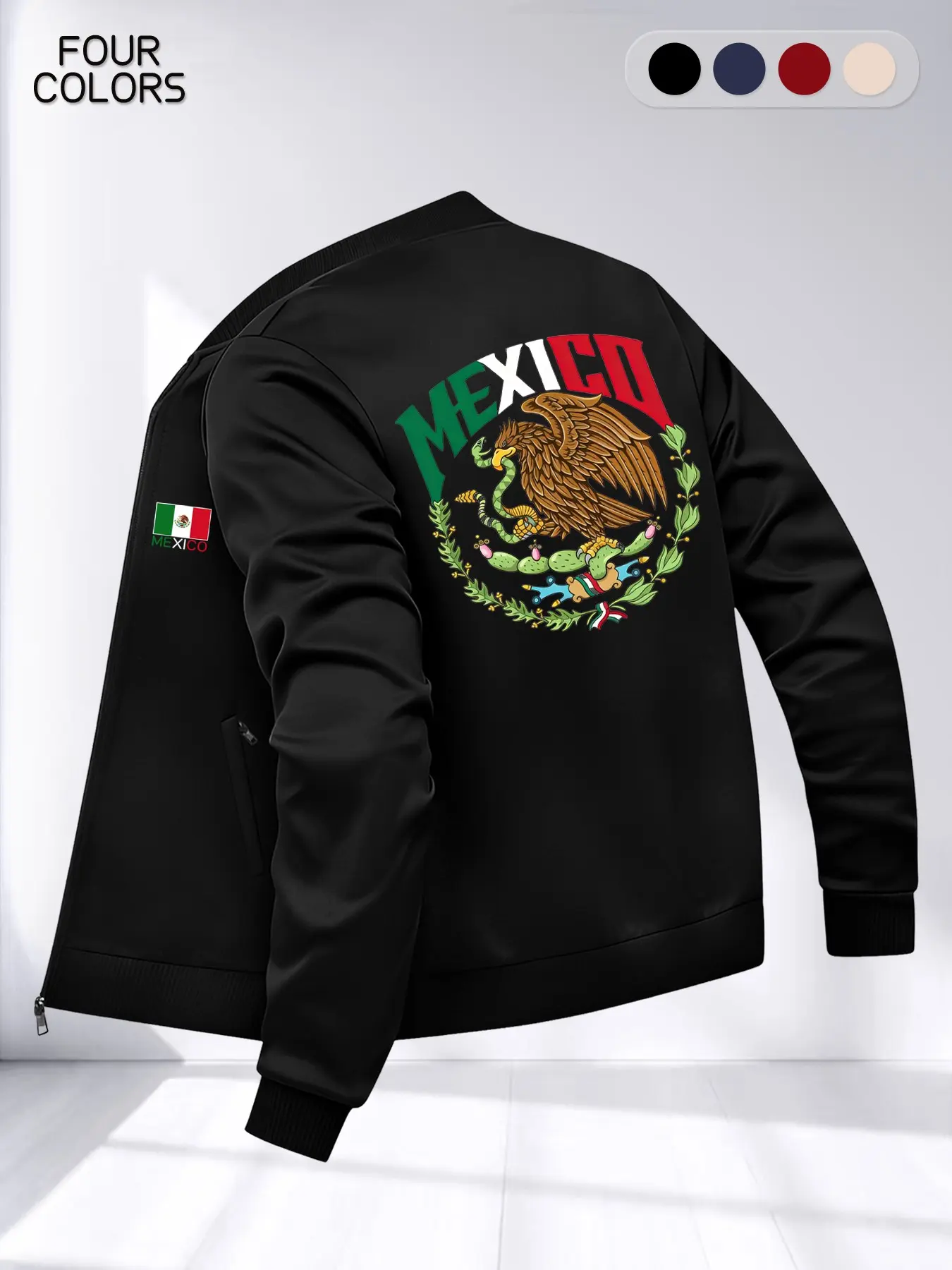 Men's Vintage Mexican Letter Print Jacket, Coats, Loose Fitting Coat, Long Sleeves, Comfortable Soft Zipper Pockets, Polyester Spandex, Casual Fall & Winter Wear