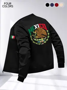 Men's Vintage Mexican Letter Print Jacket, Coats, Loose Fitting Coat, Long Sleeves, Comfortable Soft Zipper Pockets, Polyester Spandex, Casual Fall & Winter Wear