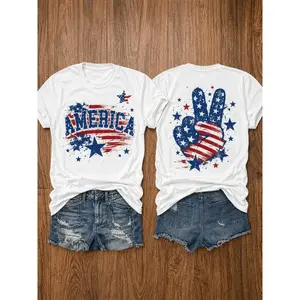 Anniversary Independence Day American Flag Stars and Stripes Print Crew Neck T-Shirt, Summer Casual Vacation Women's Short Sleeve Top, Soft Stretch Fabric,4th of july shirts