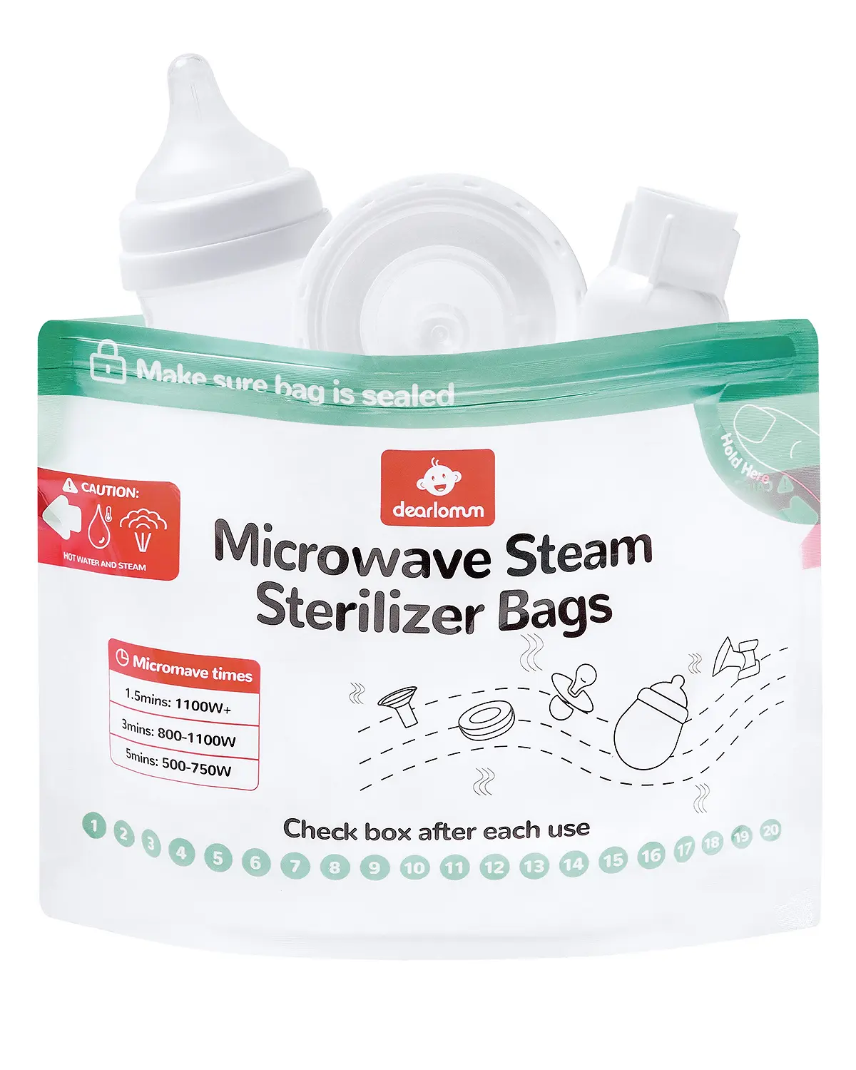 Dearfun Microwave Steam Sterilizer Bags for Baby Bottles & Pacifiers - 20 Uses Reusable Travel Pouches for Home & Travel - Compact Disinfection Container