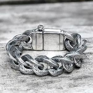 GTHIC Vintage Carve Fire Pattern Stainless Steel Bracelet For Men Heavy Jewelry For Tough Guy Biker