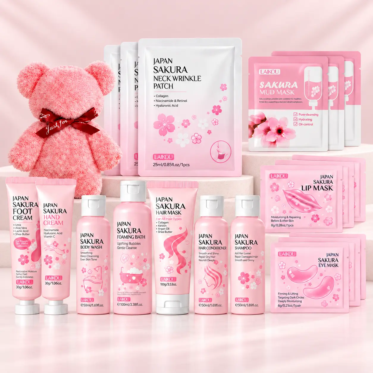 20-Piece Sakura Self Care Gift Set for Women & Teen Girls, Mini Cherry Blossom Skin, Body & Hair Care Kit with Hand Cream, Body Wash, Shampoo, Conditioner, Hair Mask & Masks, Birthday Travel Gift