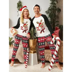 Couple Pajamas Set, Christmas Style Long Sleeve Round Neck Top & Pants, Casual Loose Fit Elastic Waist for Spring Fall