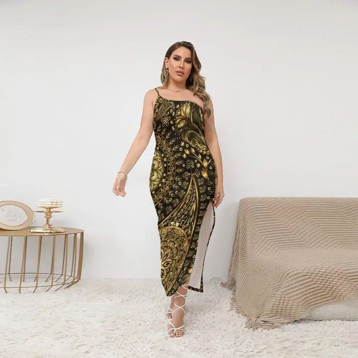 Proper Villainz Women's Malice Dress with Split - Gold & Black Mandala Print, One Shoulder, High Split, Figure Flattering, Elegant Microfiber Fabric