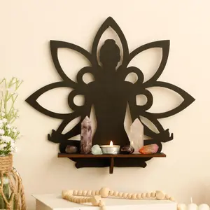 Lotus Design Wall Mounted Shelf, Wooden Meditation Shelf, Home Decor Supplies for Living Room Bedroom Study Room, Home Decor