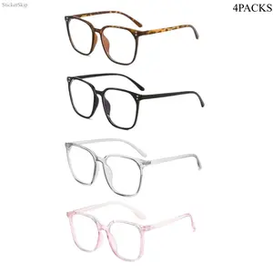 2026 4-Pack Women's Blue Light Blocking Glasses, Anti-Round Face Eyewear Set with 4 Fashion Frame Colors, Oversized Clear Anti-Blue Light GlassesInternet Celebrity Style Windproof No-Makeup Essential Leopard Pattern Eyeglasses