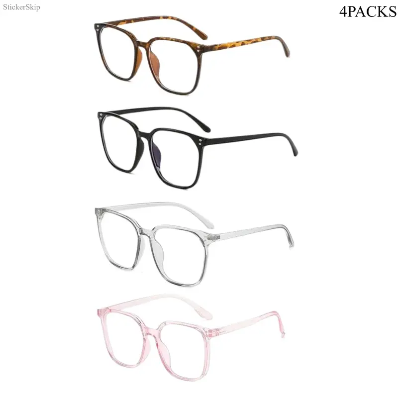 Women's 2026 4-Pack Blue Light Blocking Eyewear Set - Round Face Fix, Oversized Lens, Celebrity Look, 4 Fashion Frame Colors, Leopard Print, Windproof No-Makeup Essential