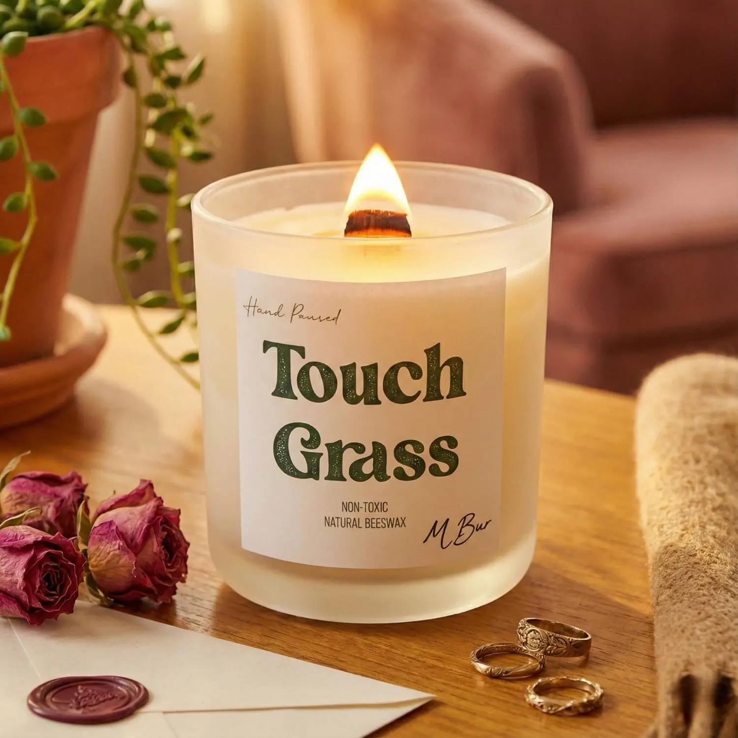 Fig Cedar Candle, Wooden Wick, Non-Toxic Beeswax | Touch Grass | MBur